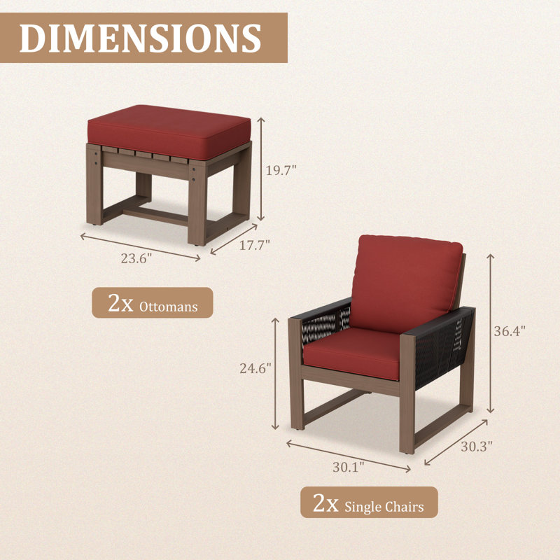 Ensemble de meubles de conversation pour patio 4 pièces, cadre en bois de cèdre massif avec coussin, repose-pieds, Rouge