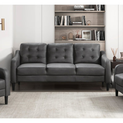 Modern Sofa  Polished Microfiber Upholstered 1Pc Sofa Button Tufted Contoured Arms Solid Wood Frame Couch Casual