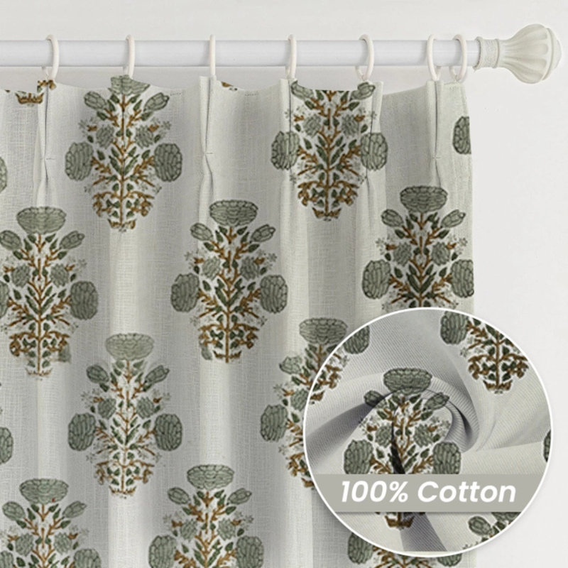 Fabdivine Gray and Brown Handmade Block Print Floral Patten 2 Panel Set 27x29 Inches Pinch Pleated Hook Curtains for Bed Room Home Decorative, Window Treatments Cotton Summer, Spring, Swadesh