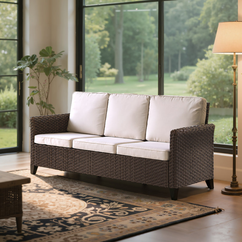 Canapé de patio 3 places en osier résistant aux intempéries avec dossier haut incurvé, coussins moelleux lavables, parfait pour le porche, la terrasse, le jardin et les petits espaces - beige
