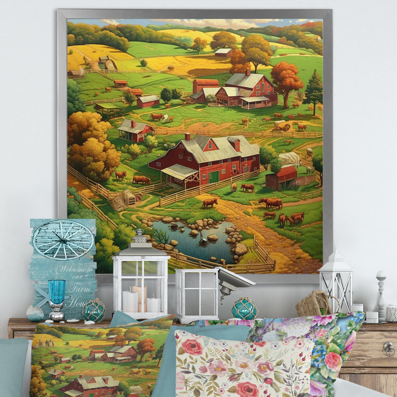 Farmstead Charm - ferme, reproduction d'art sur toile, Cadre simple argenté, H 36 po x l 36 po x P 1,5 po