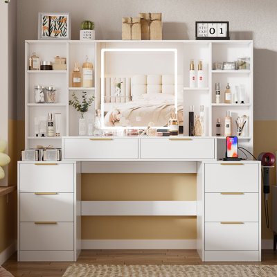 Grand bureau de maquillage avec miroir éclairé et prise de courant, coiffeuse avec 3 modes d'éclairage, luminosité réglable, tiroirs, tablettes, séchoir à cheveux pour chambre à coucher