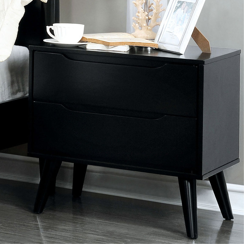 Table de chevet de style Mid-Century moderne, 2 tables en bois massif noir avec pieds fuselés ronds et poignées de tiroir encastrées