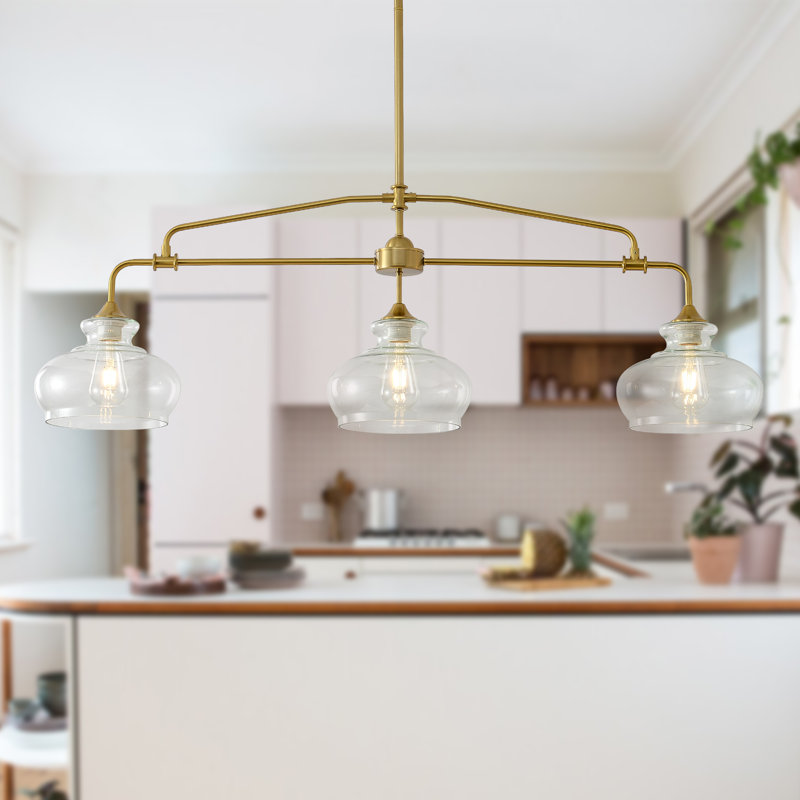 Modern Industrial Farmhouse Kitchen Island Light With Clear Glass Shades, Pendant Lights Linear Chandeliers Adjustable Hanging Height, For Dining Room, Living Room Or Kitchen, Cool Brass Finish