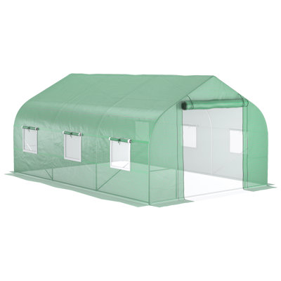 Serre de plain-pied 11,5 pi x 10 pi x 7 pi Outsunny, serre avec porte à fermeture à glissière et 6 fenêtres en filet, serre chaude pour plante de jardinage avec cadre en acier galvanisé, vert