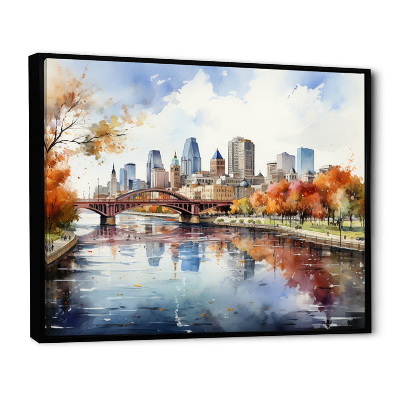 Minneapolis en automne I, H 34 po x l 44 po x P 1,5 po, Cadre flottant noir