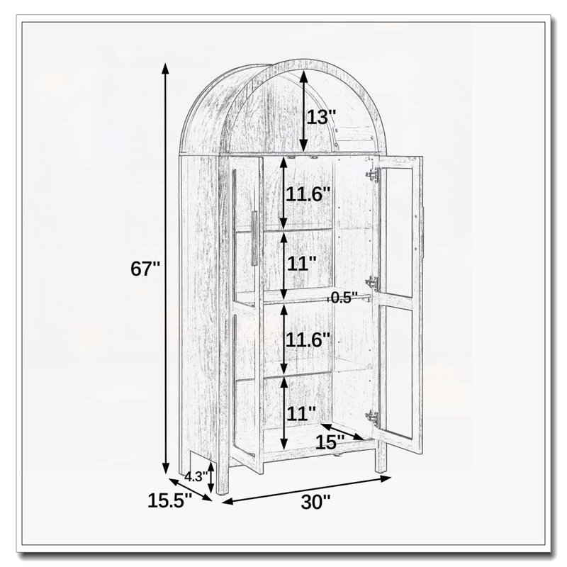 Armoire de rangement arquée avec lampe, cloisons réglables en verre, Brown