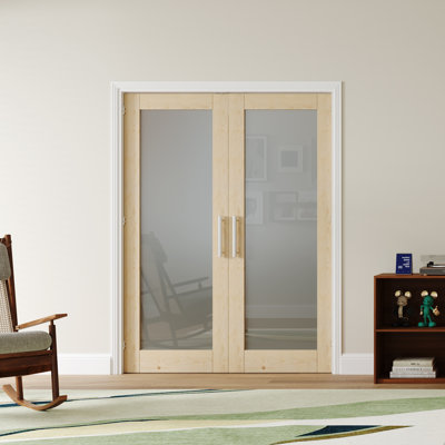 Interior French Doors Modern Closet Door Frosted Glass Solid Wood Pantry Door Primed With Adjustable Ball Catch/Handle