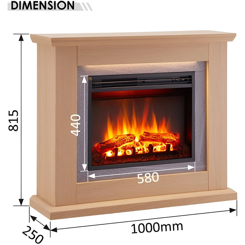 EVORA FLAMME Electric Fireplace, 82cm H x 100cm W x 25cm D, Natual Oak