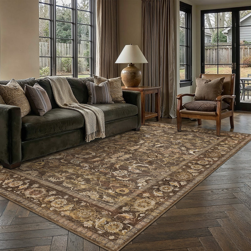 Aurea Vintage Distressed Oriental Washable Area Rug With Non-Slip Backing, Rectangle 6' x 9', Brown