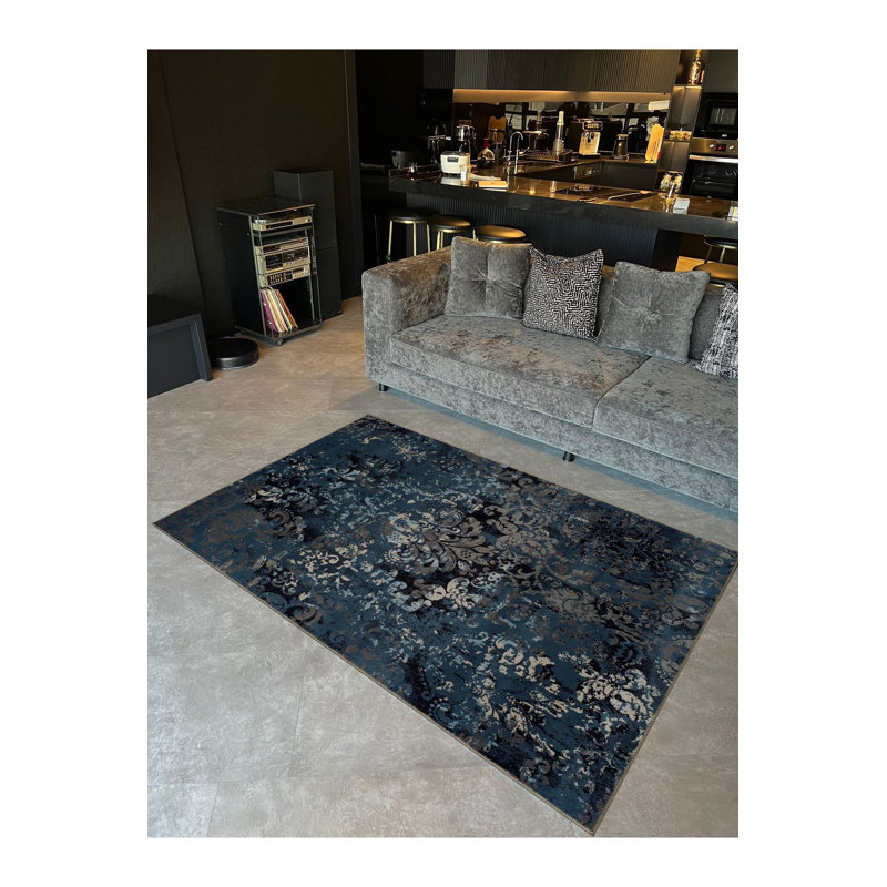 Tapis décoratif rétro à motif traditionnel bleu foncé et lavable à la machine