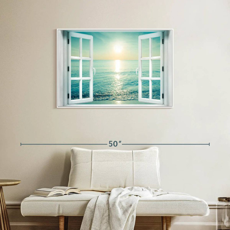 Fenêtre sur le paysage marin, Cadre flottant blanc, 37 po x 25 po