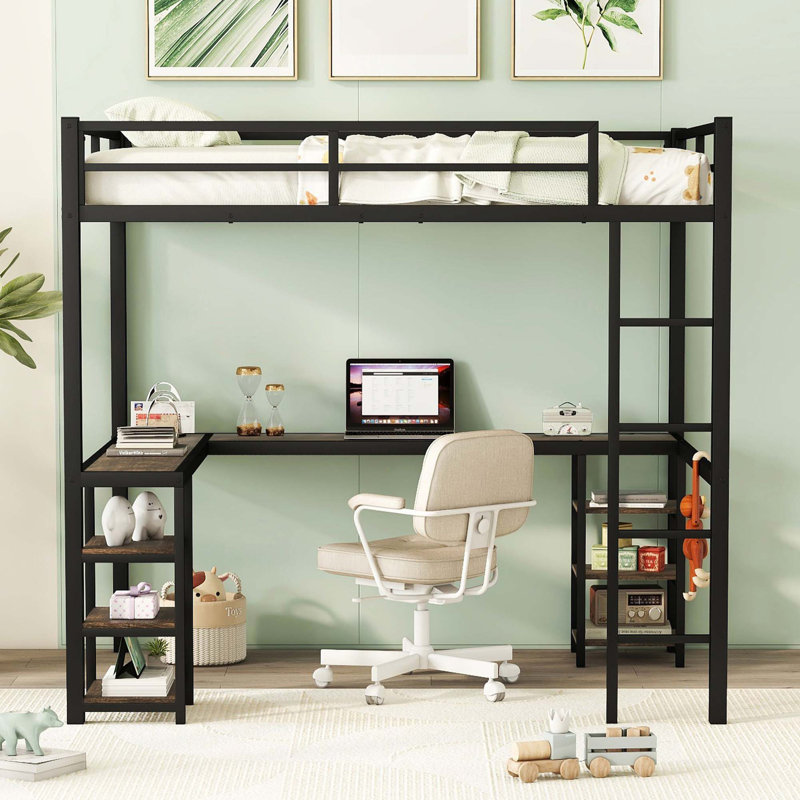 Metal Loft Bed With Desk And Shelves, Loft Bed With Ladder And Guardrails, Full