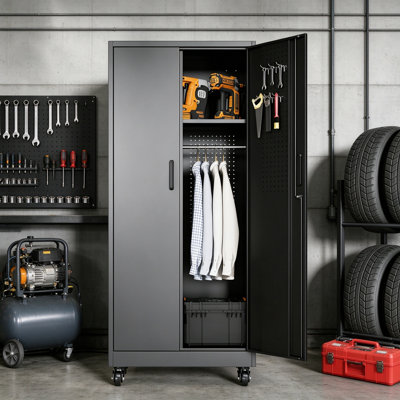 Armoire de rangement roulante en métal noir, garde-robe autoportante en acier avec portes verrouillables et étagères réglables, idéale pour le garage, le bureau, l'école et le rangement à domicile.