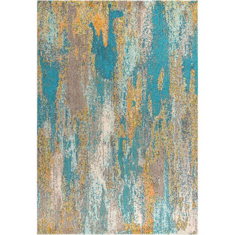 Lasley Contemporary POP Modern Abstract Vintage Waterfall Blue/Brown/Orange Rug, Rectangle 8'8" X 12'