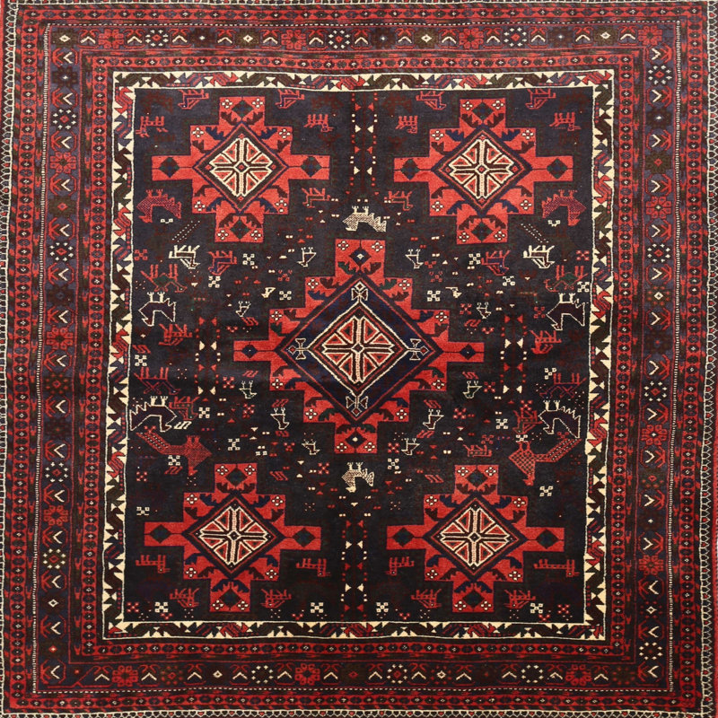 Tapis à motif oriental rouge / noir, Carré 8 pi