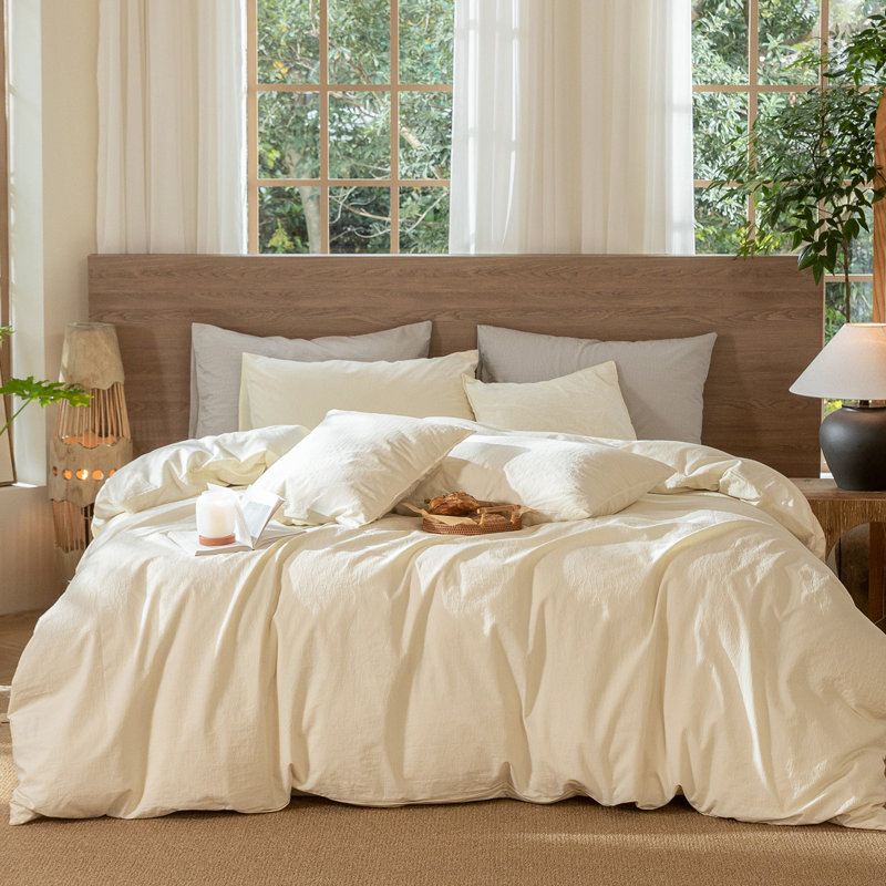 MooMee Wavy Striped Duvet Cover Set 100% Washed Cotton Linen Like Textured Breathable Lightweight, Cream White