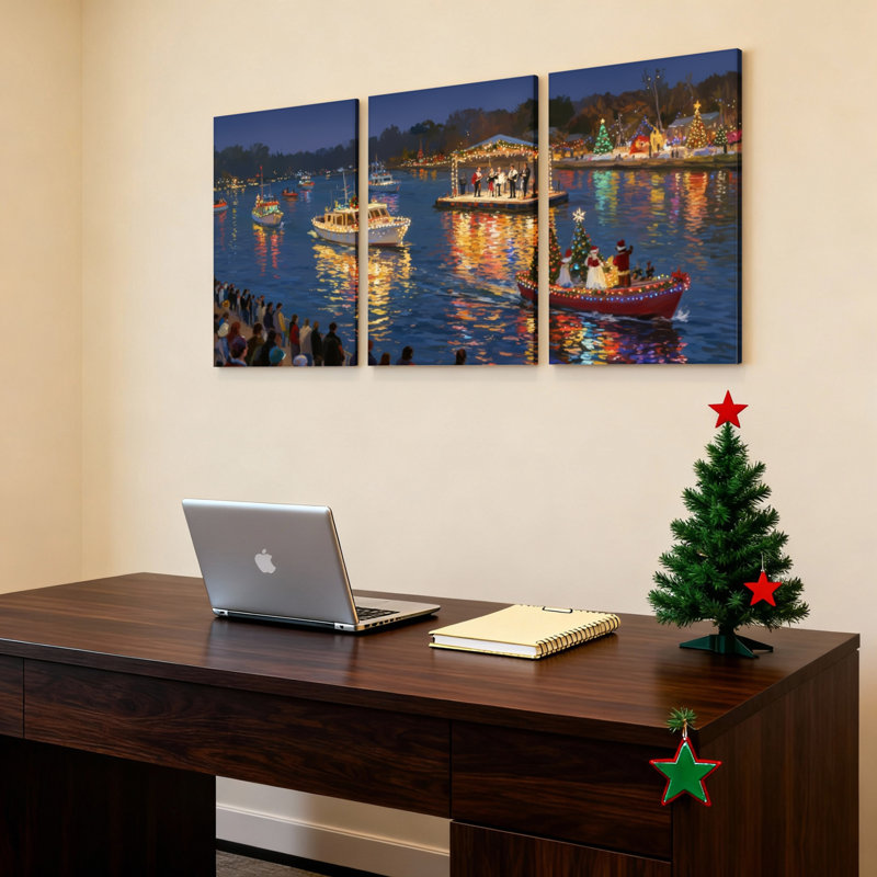 Ensemble de 3 tableaux sur toile représentant un défilé de bateaux de Noël, H 36 po x l 72 po