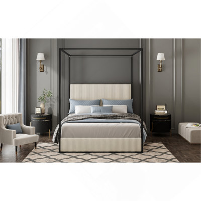 King Modern Luxury Canopy Bed with Tall Corduroy Upholstered Headboard and Four Poster, No Box Spring Needed, White