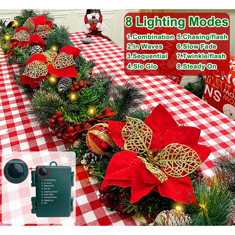 6FT Pre-Lit Christmas Garland with 50 LED Lights – Battery Operated, Timer Function, 8 Modes
