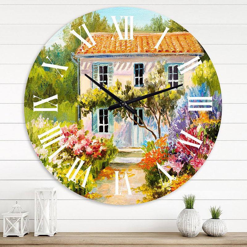 Petite maison sur la montagne avec des fleurs II - Horloge murale traditionnelle, Surdimensionné