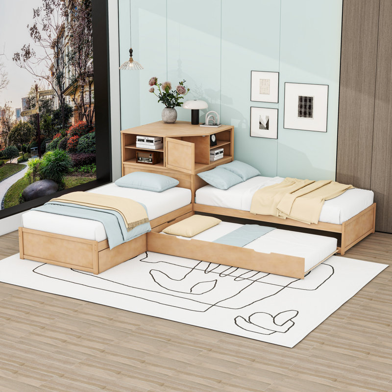 Lit plateforme simple en bois avec tiroirs de rangement, lit gigogne et bureau, Naturel