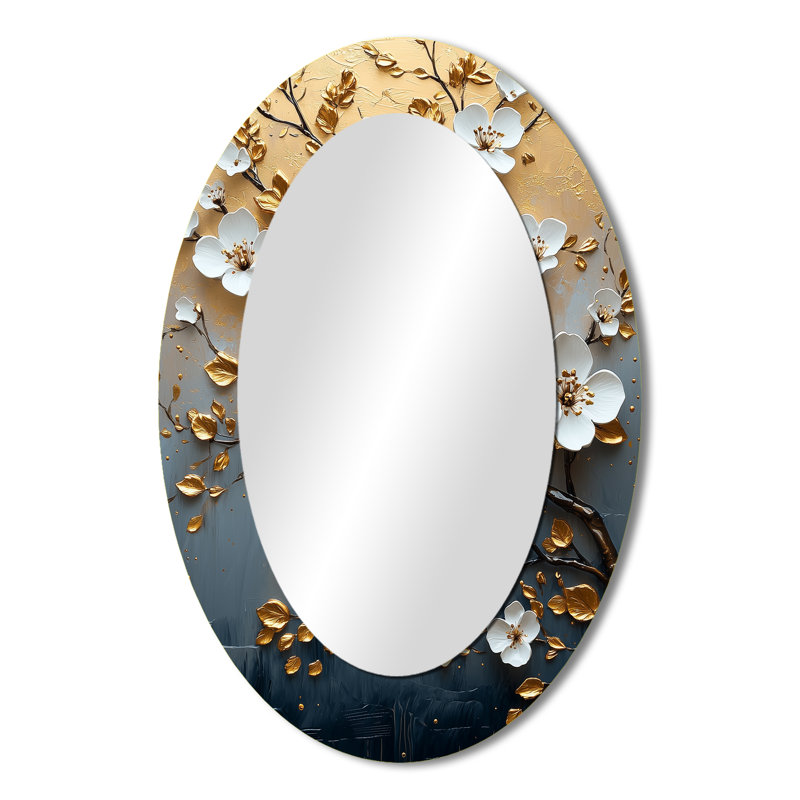 Miroir décoratif ovale en métal doré sur fond bleu Bonzai Blossom, 36 po x 24 po