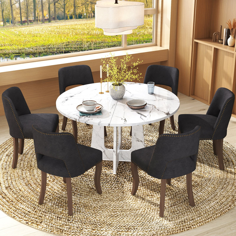 Ensemble de table ronde 47 po avec chaises 4/6 rembourrées, finition chêne / noyer / marbre pour la cuisine de la salle à manger