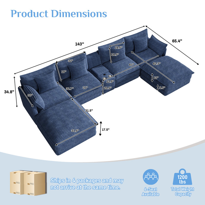 143"W U‑Shaped Sectional Sofa With Ottoman, Cup Holders & USB Ports, Corduroy Cloud Couch Sectional Couch, Blue Corduroy