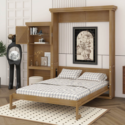 Grand lit escamotable mural avec plusieurs tablettes de rangement convertibles, cadre de lit plateforme pliable en bois avec décoration à persiennes