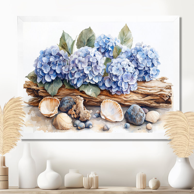 Domoni hortensias et bois flottant, Reproduction encadrée d'une seule photo, H 34 po x l 44 po, Blanc