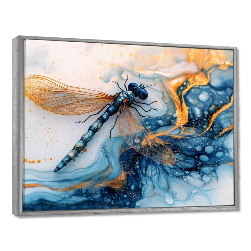 Décoration murale moderne libellule turquoise Serenade IV - Libellule, H 12 po x l 20 po, Avec cadre, Argent argent