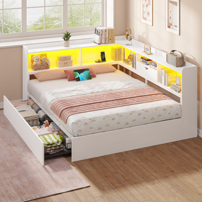 Queen Corner Daybed Bed Frame With Storage Bookcase And 2 Drawers, Queen Size Daybed With Led Lights And Charging Station, Queen Platform Bed Frame For Teen/Adults, White