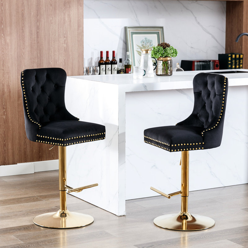 Tabourets de bar réglables en velours noir - Confortable pour la maison et la cuisine de 2 personnes avec siège, Doré, Noir