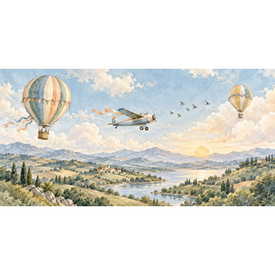 Balloon and Plane Wallpaper Mural, Peel and Stick Kids Room Wall Mural, Watercolor Airplane Sky Nursery Wallpaper