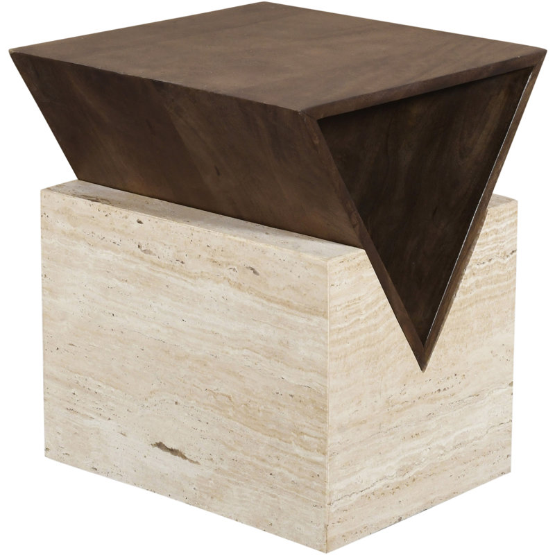 Table de bout en travertin et bois de manguier brun Opus