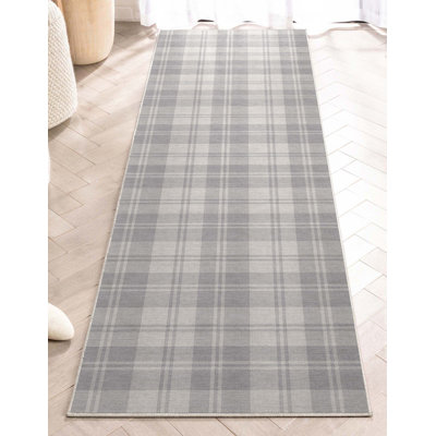 Kehr Plaid Farmhouse Geometric Light Grey Flat-Weave Area Rug