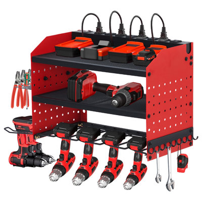 Support mural robuste pour organisateur d'outils électriques - support en métal à 3 couches avec station de charge, 4 supports de perceuse sans fil, tablette de batterie pour le garage - style planche de suspension, 3 couches, 8 fentes, avec multiprise