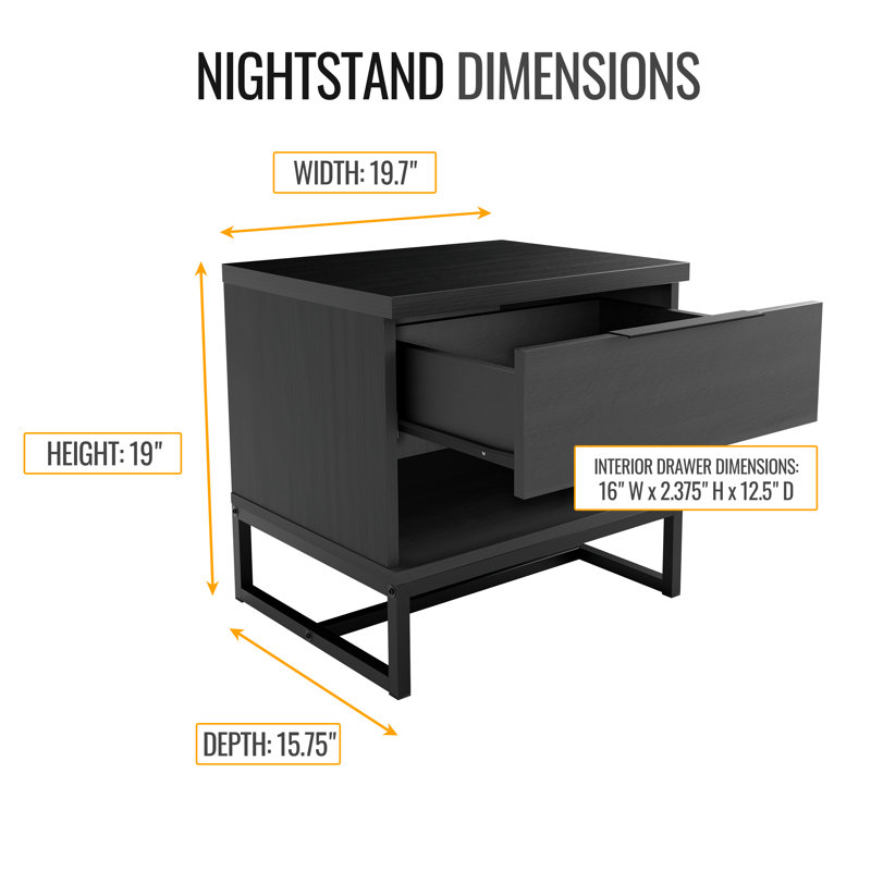Catania Black MDF and Metal Low Profile Nightstand with 1 Drawer