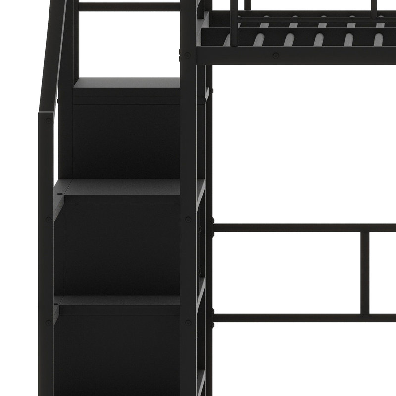 Cadre de lit mezzanine avec bureau intégré, armoire, rangement dans l'escalier et éclairage DEL
