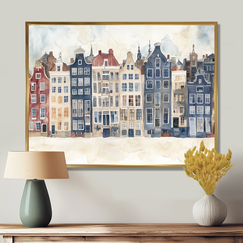 Maisons des canaux d'Amsterdam - Tableau encadré sur toile représentant un paysage urbain bleu marine, H 30 po x l 40 po