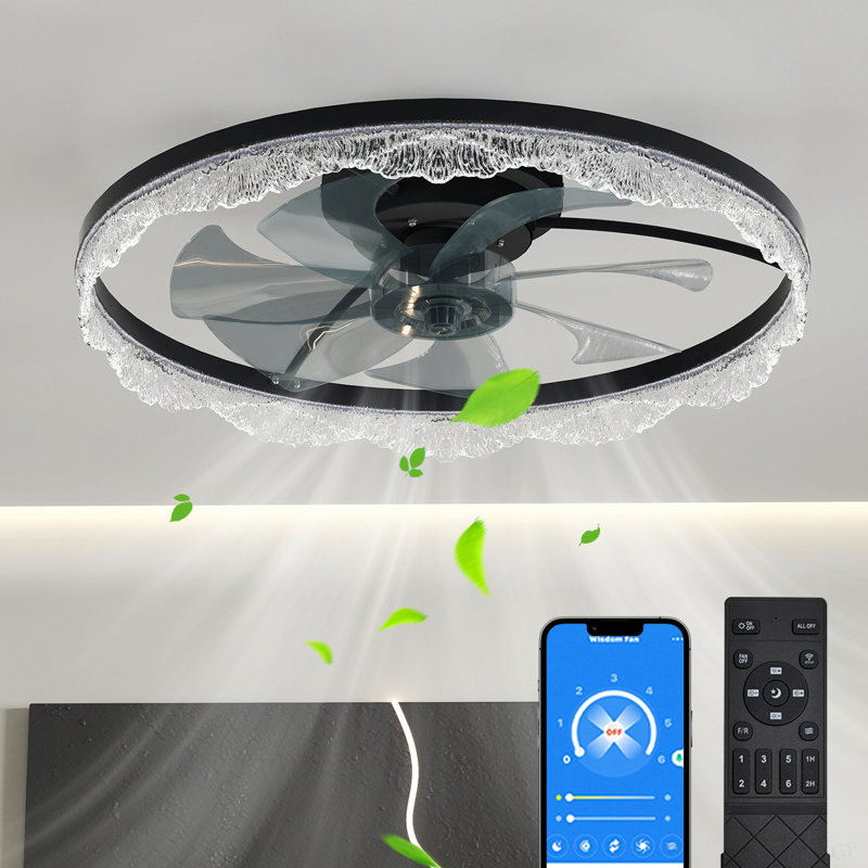 24" Decorative LED Ceiling Fan Light – Modern Flush Mount With Acrylic Ring, Hidden Blades, Remote Control, And Dimmable Light For Stylish Homes (Black)