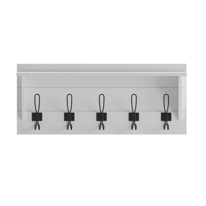 Nariaki Wall Mounted Solid Pine Wood Storage Rack with Upper Shelf and 5 Hanging Hooks, Solid White