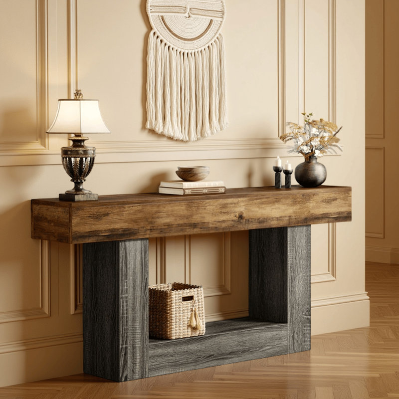 Console Table, Brown Rectangular Top, Gray U Shape Base, 63 Inch