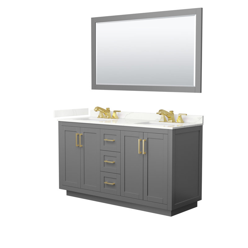 Meuble-lavabo double autoportant 60 po avec plateau en quartz Miranda, Quartz Giotto, Gris foncé, Or brossé