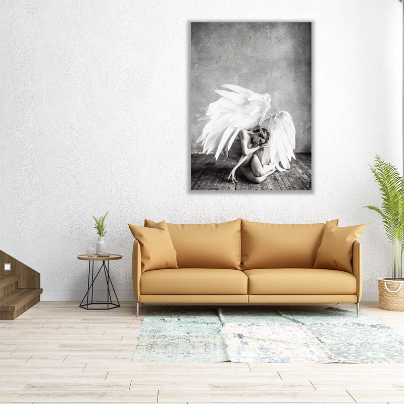 Ange noir et blanc - reproduction d'art sur toile, H 24 po x l 18 po