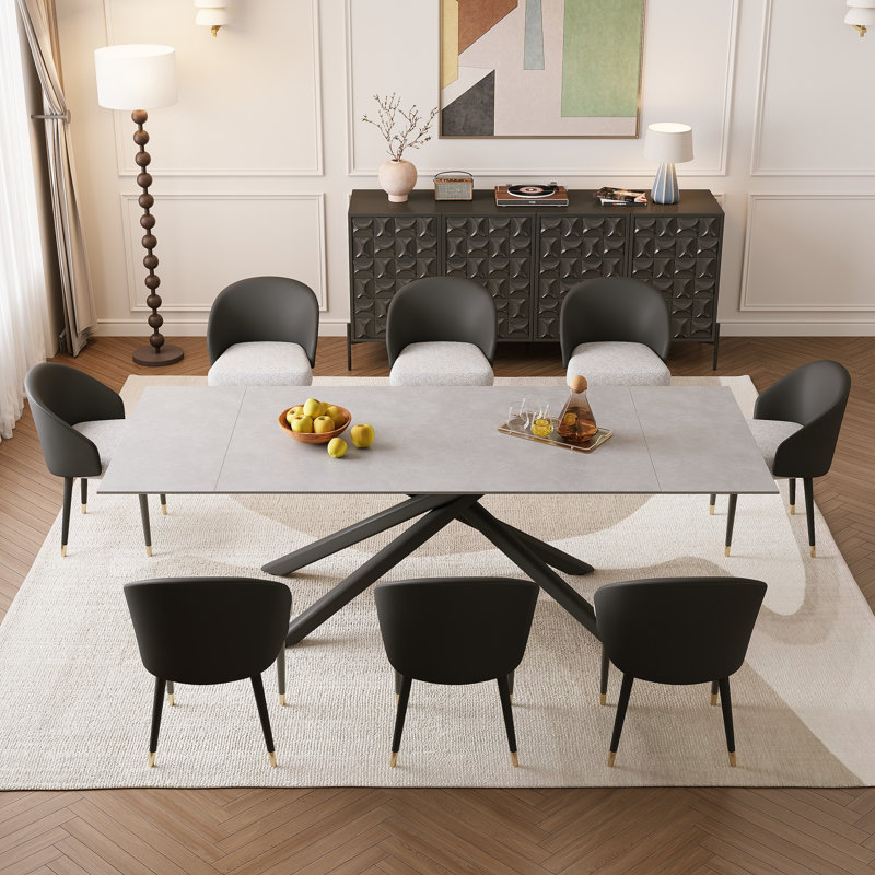 Mahjabin 9 - Piece  Dining Table Set 102.36'' Extendable Sintered Stone Table and 8 Faux Leather Chairs, Gray, Black/Gray