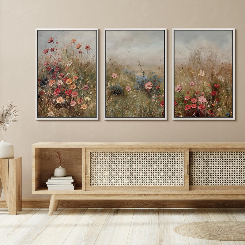 Pastoral Wildflower Fields Rustic Farmhouse Decor Artwork Wall Art Framed 3 Pieces Canvas Print, H 36 po x l 24 po x P 1,5 po