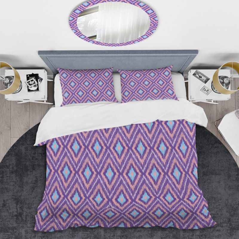 Purple Fabric Pattern Polyester Geometric Shapes Duvet Cover Set, King Duvet Cover + 2 King Shams