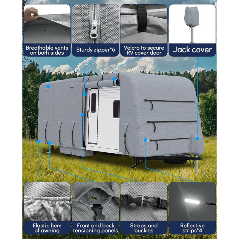 Heavy Duty Extra-Thick Upgraded RV Travel Trailer Cover With Zippered Door, 6 Gutter Covers, 2 Extra Straps
